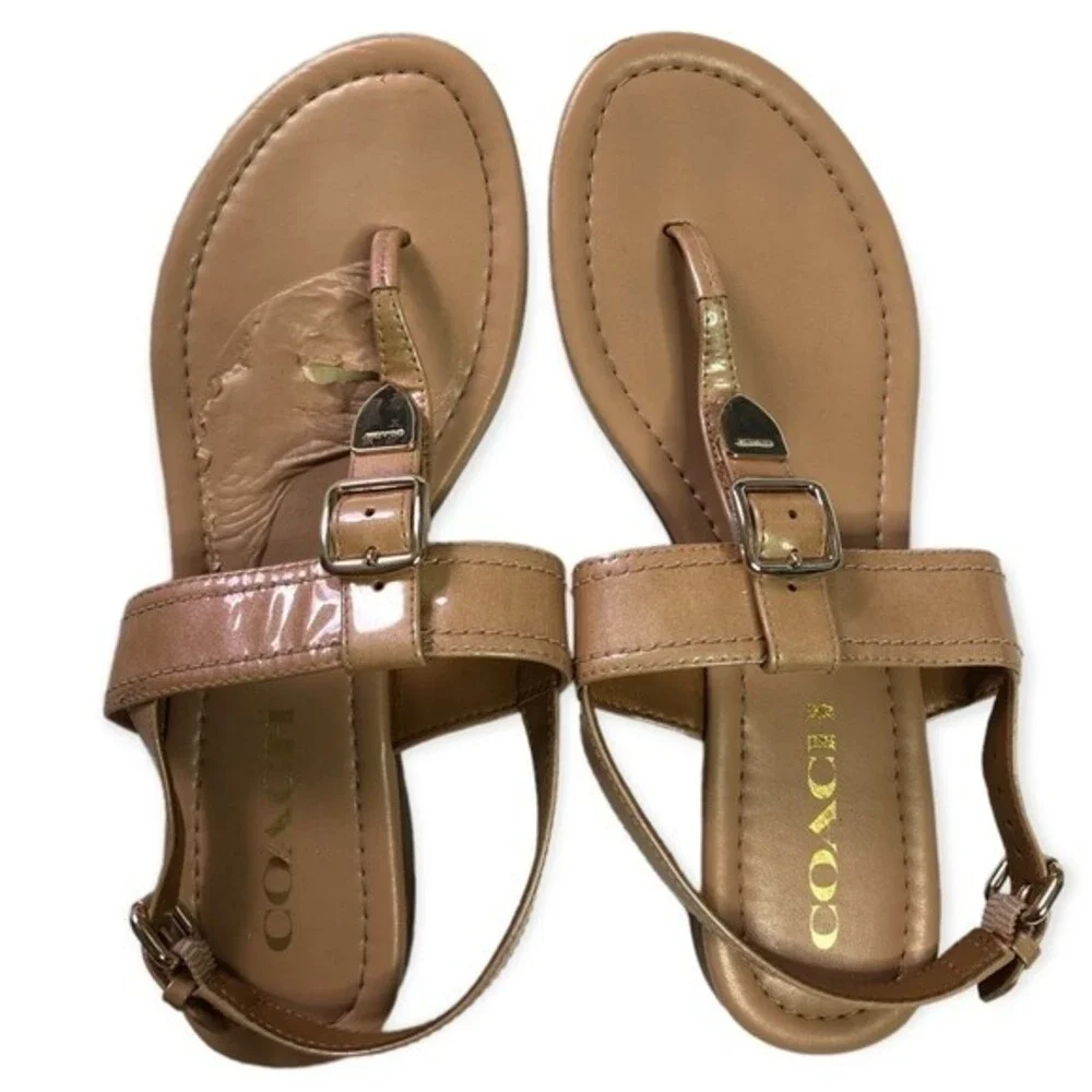 Coach Cassidy Patent Leather Iridescent Pearl Nude Flat Sandals